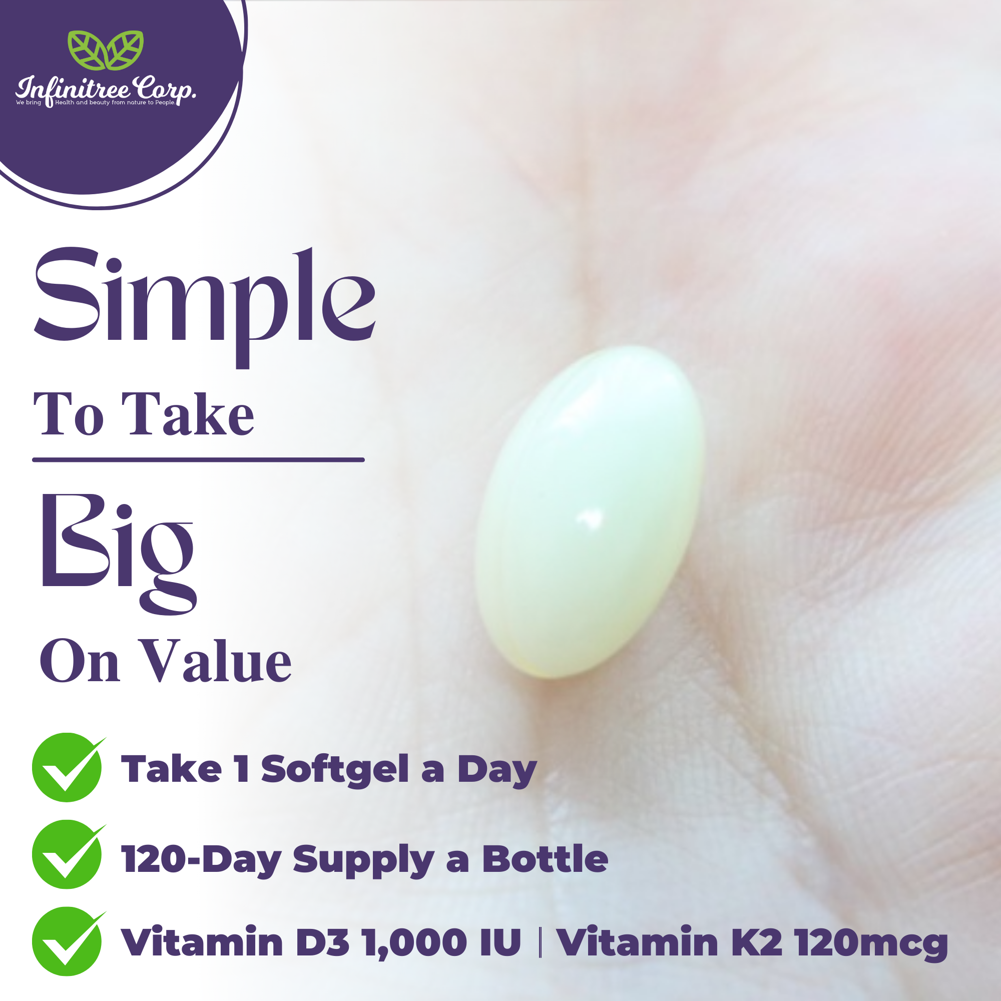 Vitamin D3+K2 with Coconut Oil 120 Softgels