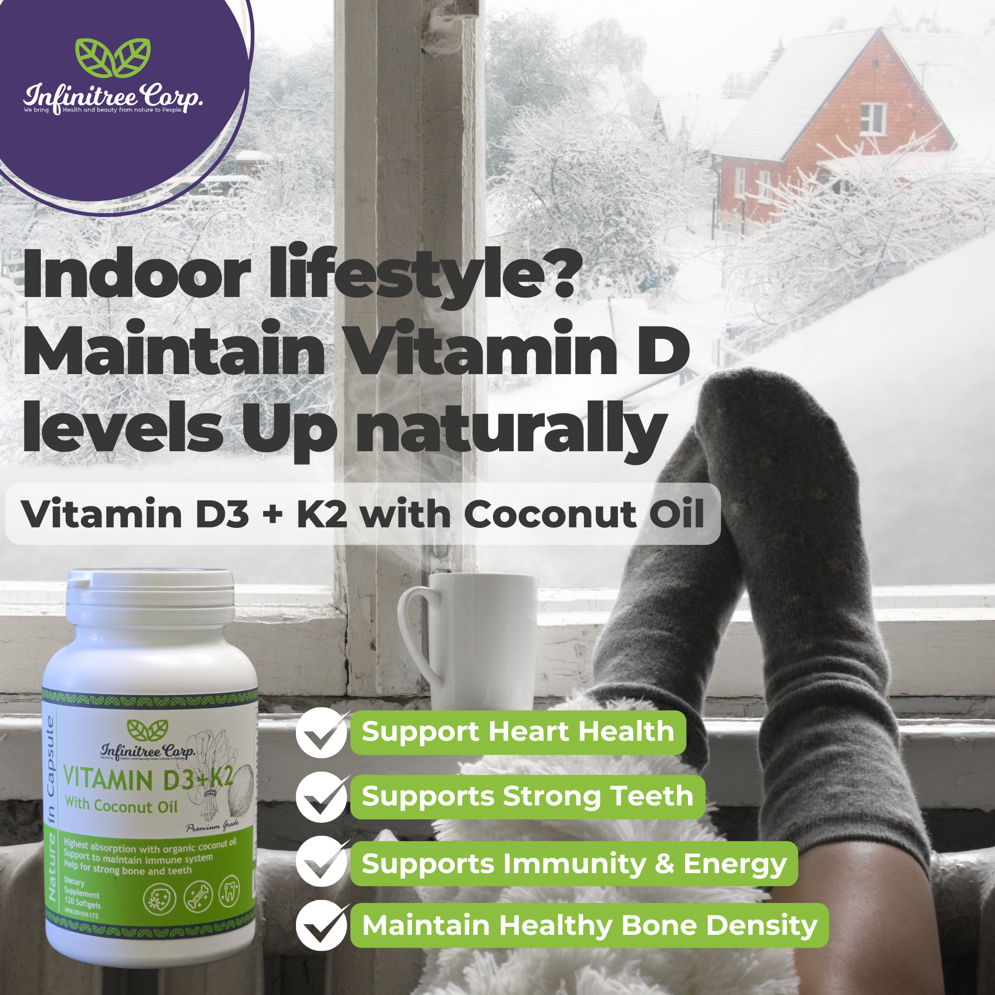 Vitamin D3+K2 with Coconut Oil 120 Softgels
