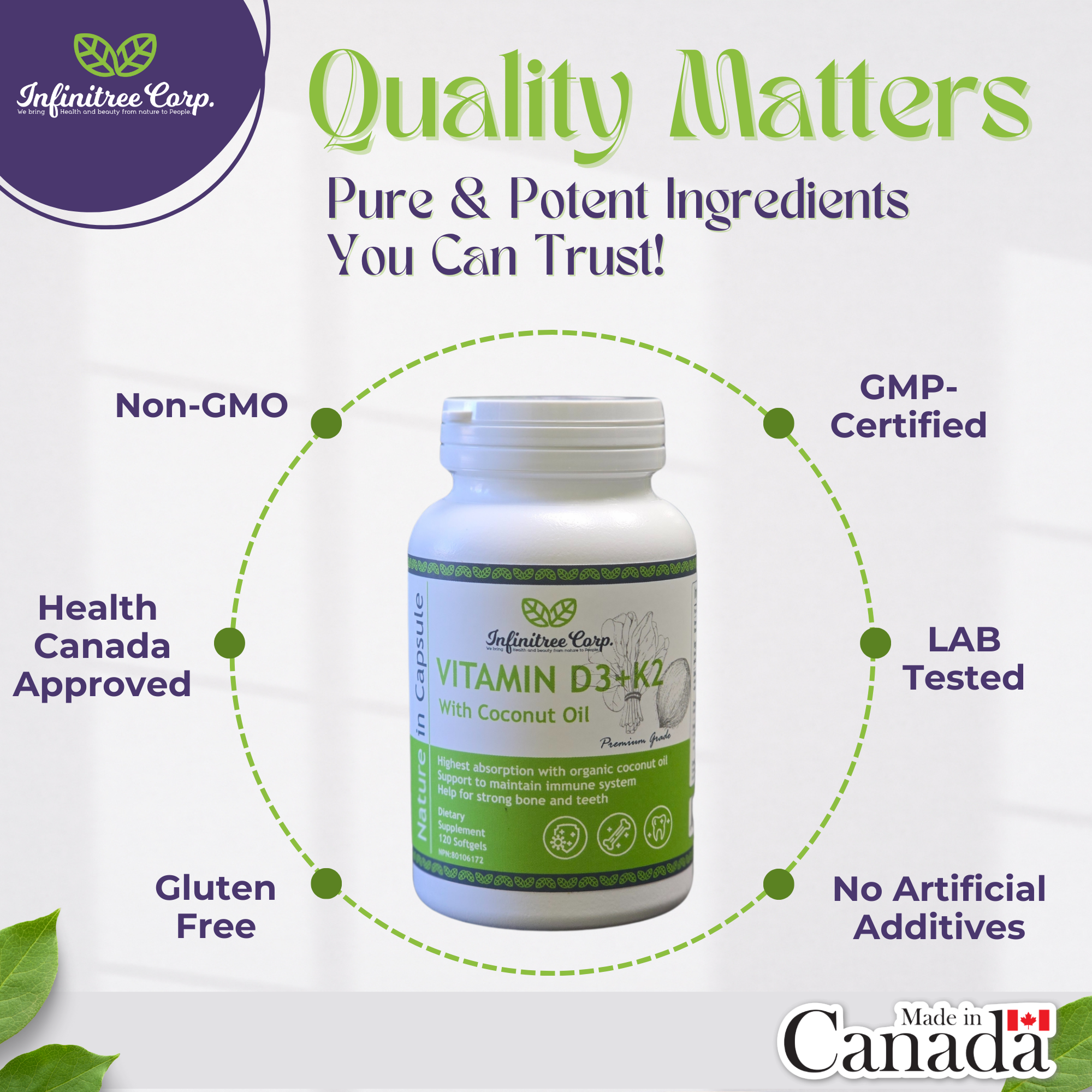 Vitamin D3+K2 with Coconut Oil 120 Softgels